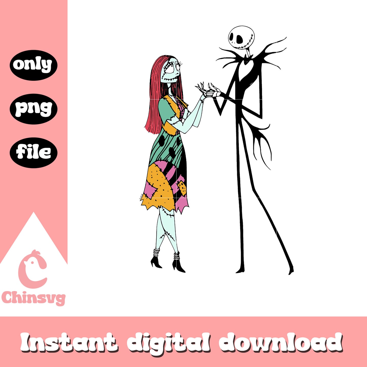 Cute sally and jack hold hands clipart png, sally jack png