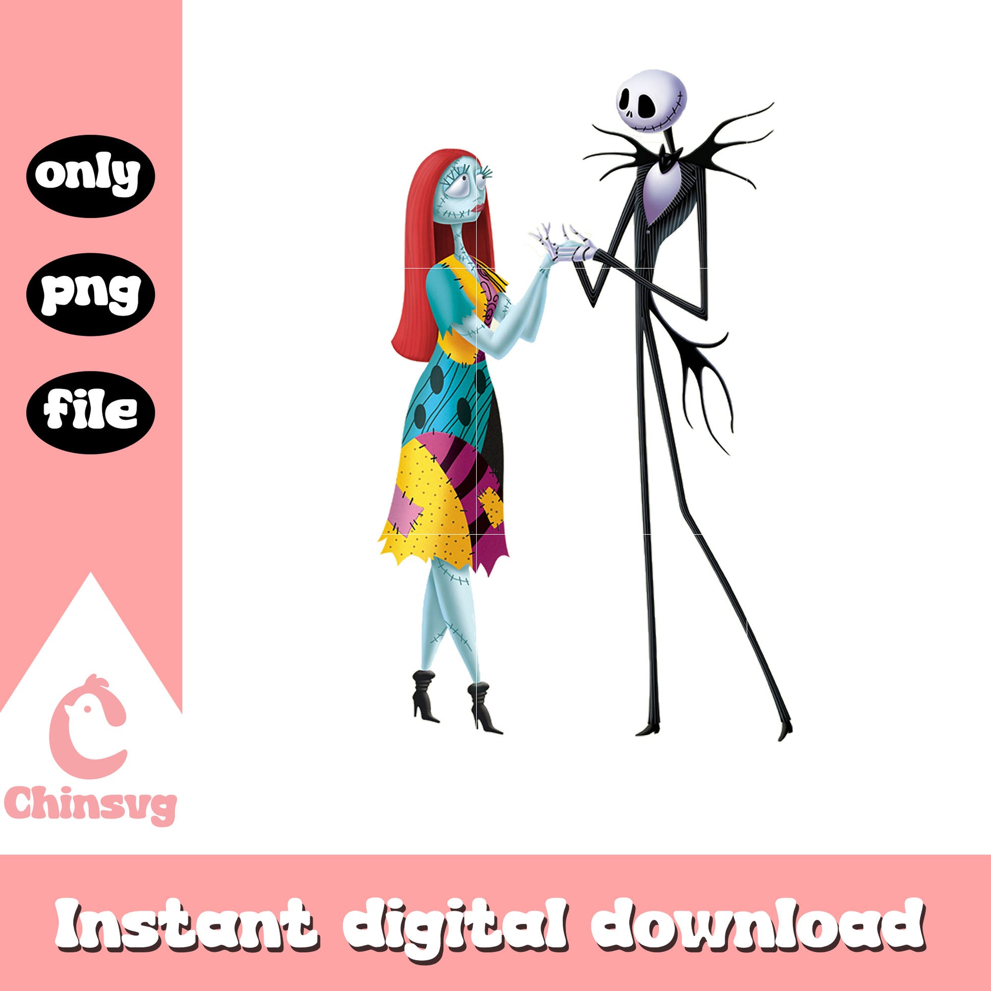 Cute sally and jack hold hands design png, sally and jack png