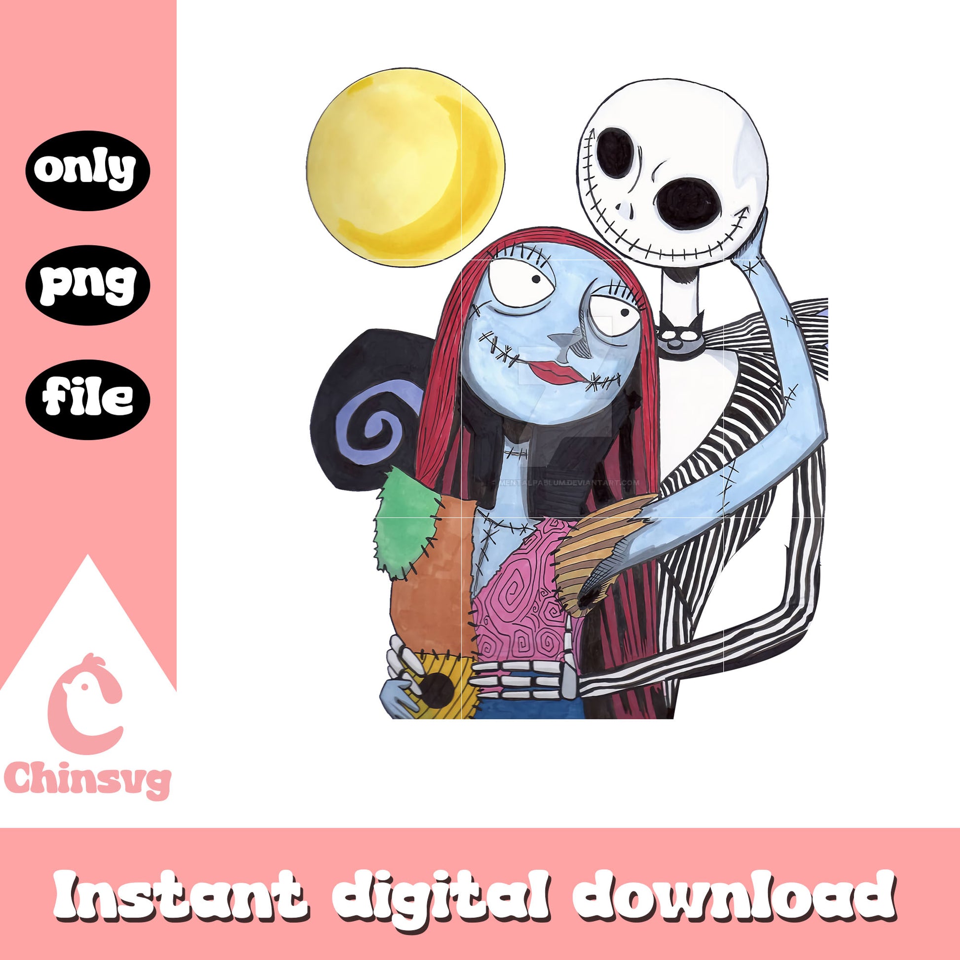 Cute sally and jack painting png, sally and jack skellington png
