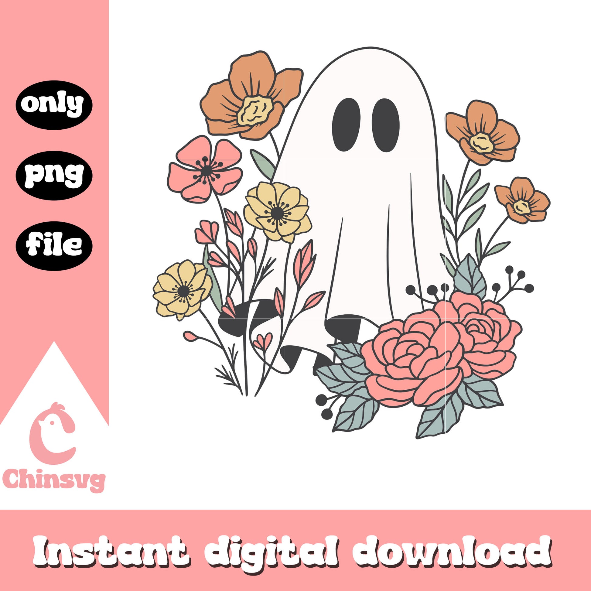 Cute sheet ghost floral design png, halloween vibes png