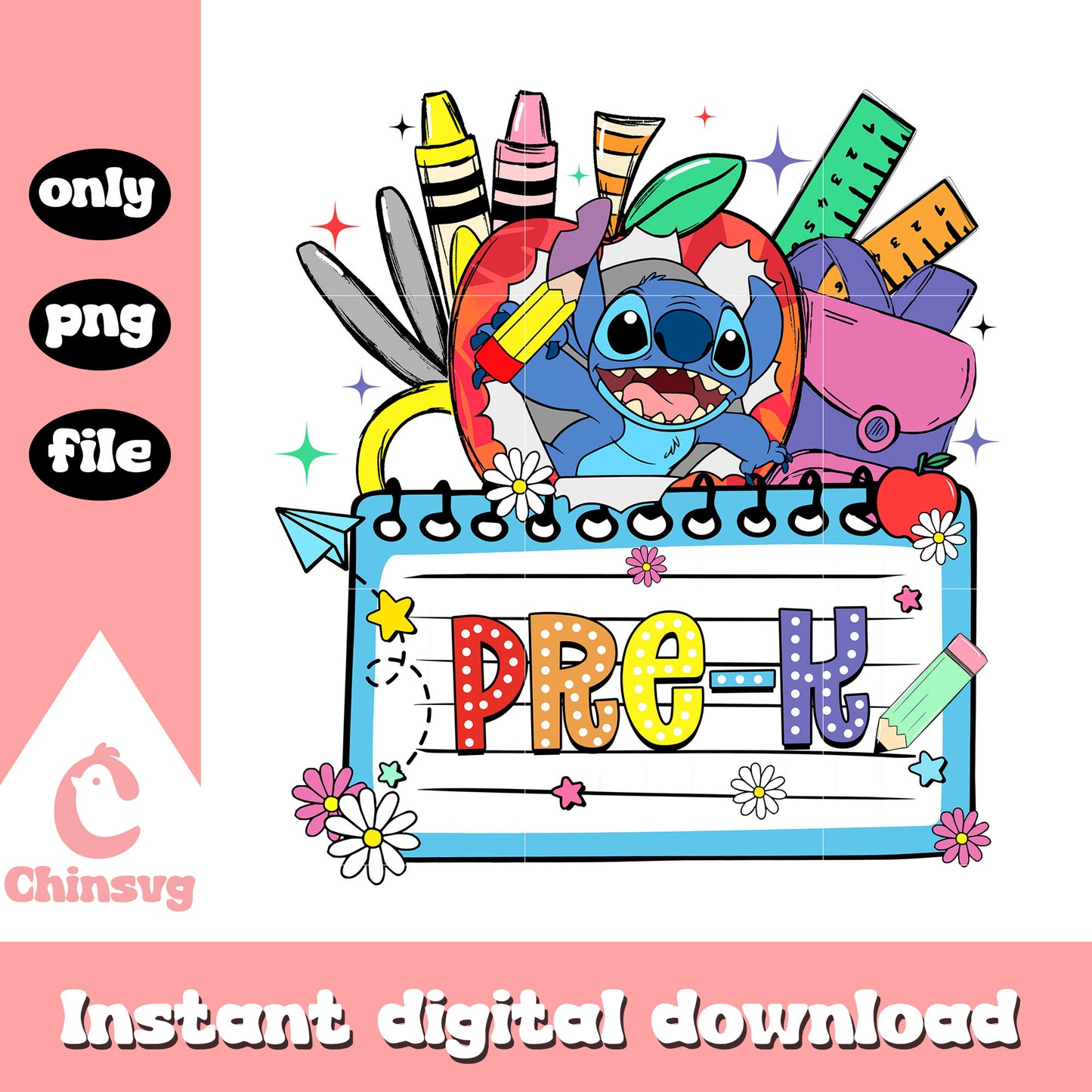 Cute stitch pre-k school supplies png, schools in cartoons png