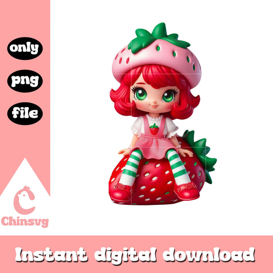 Cute strawberry doll art design png, strawberry shortcake girl png