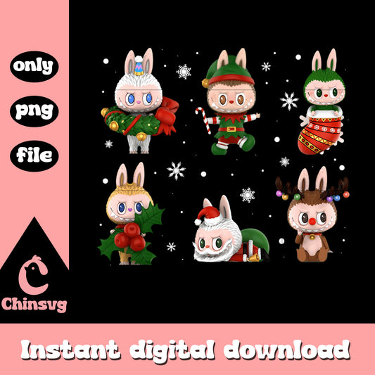 Cute xmas labubu lover dolls png, christmas characters cartoon png