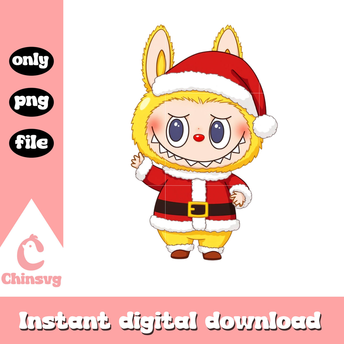 Dada labubu wear santa claus outfit png, yellow labubu png – Chinsvg