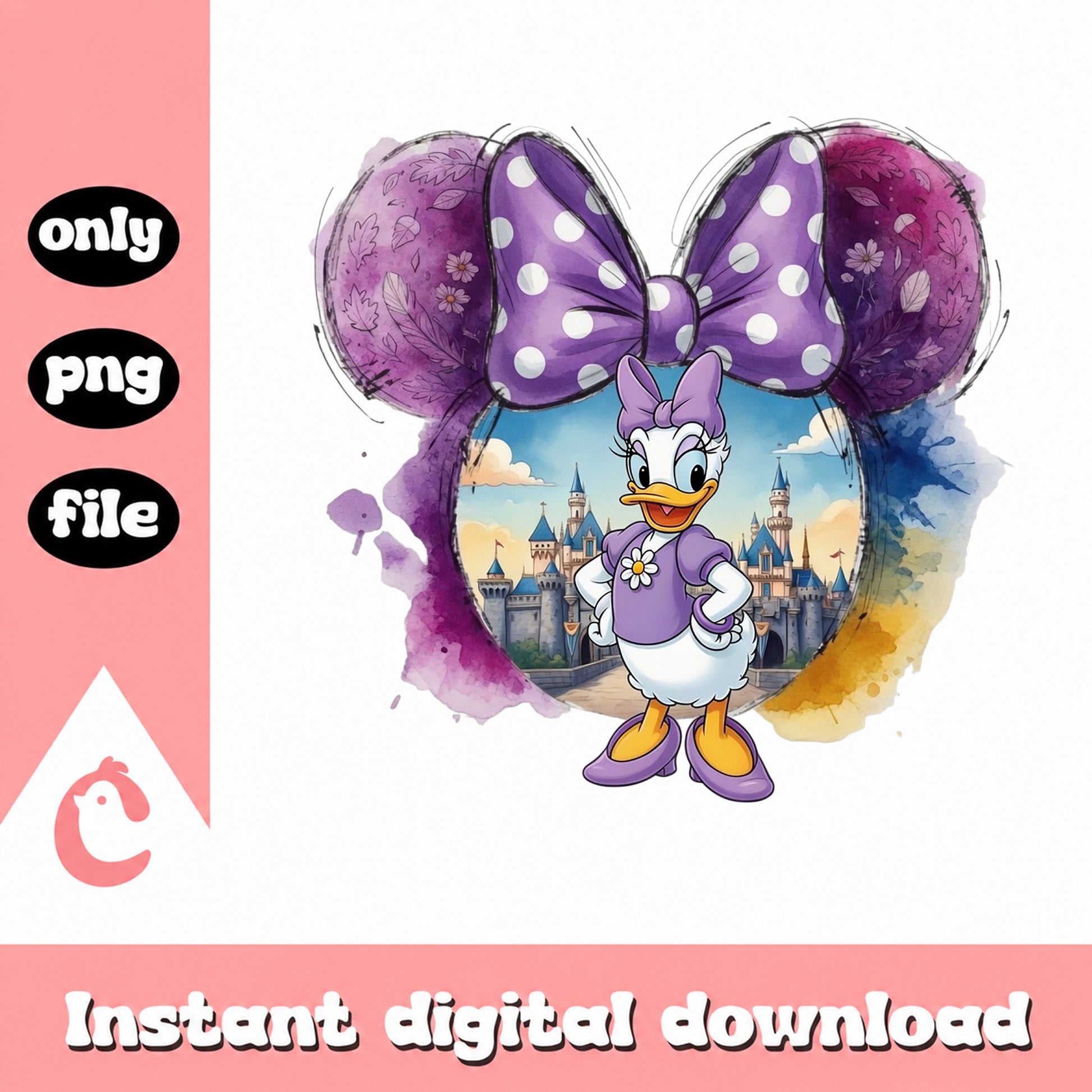 Daisy Duck Disney Castle Watercolor PNG, Mickey Ears PNG, Disney PNG