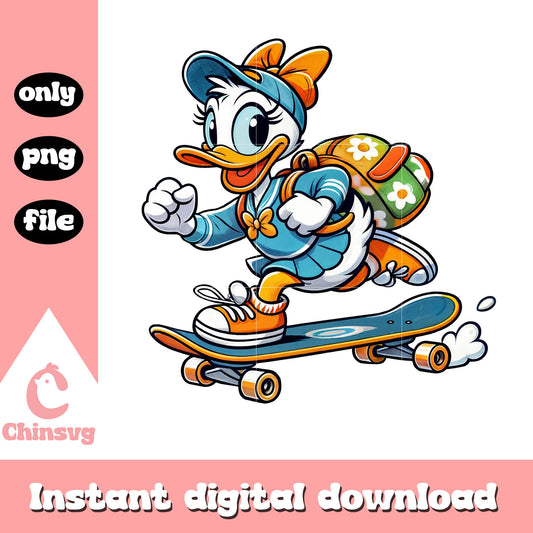 Daisy duck skateboarding to school design png, disney daisy png