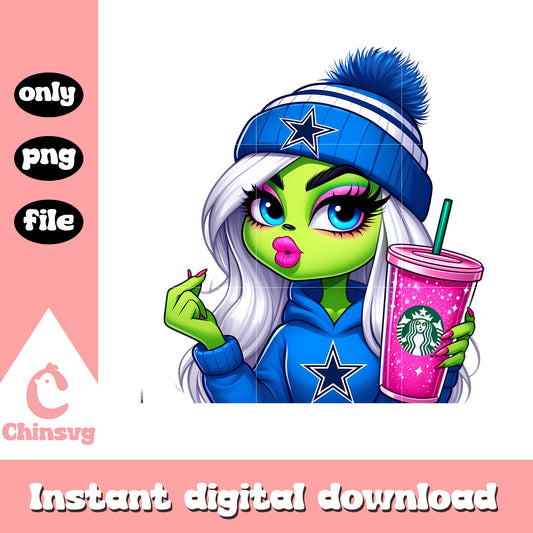 Dallas cowboys grinch girl coffee png, dallas cowboy christmas png