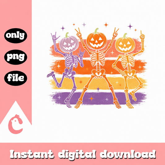 Dancing Pumpkin Skeleton Halloween PNG, Retro Halloween PNG, Spooky Season PNG