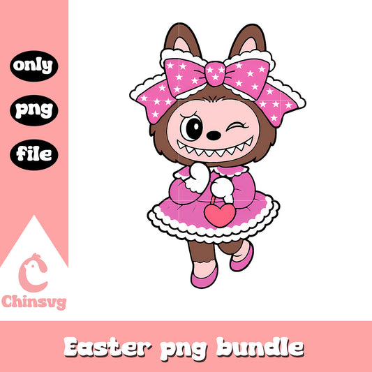Dark brown winking bow girl labubu doll design png, labubu toy png