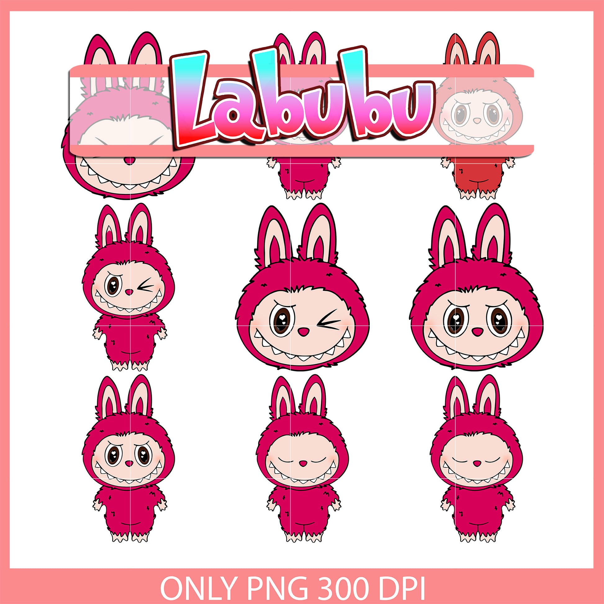 Dark pink labubu expression design bundle png, clipart labubu png