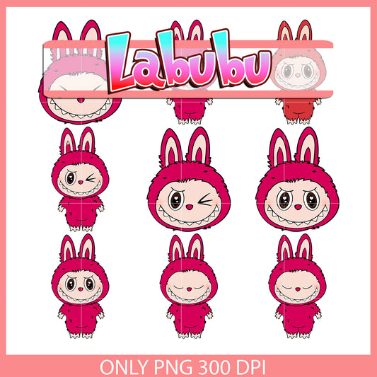 Dark pink labubu expression design bundle png, clipart labubu png
