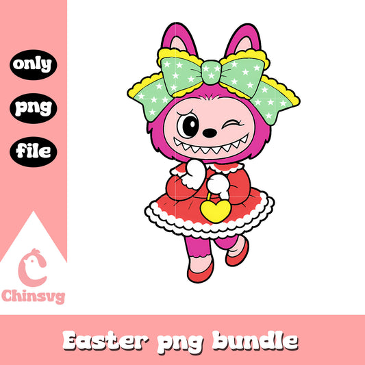 Dark pink winking bow girl labubu doll png, labubu clothes png