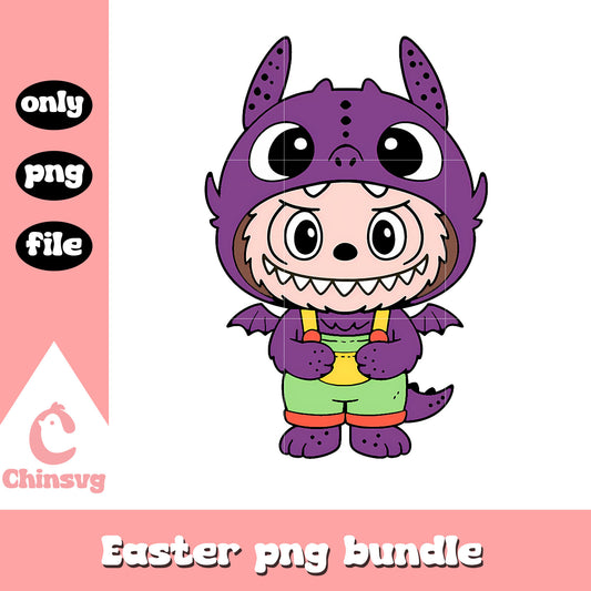 Dark purple baby dragon labubu cute doll png, labubu outfits png