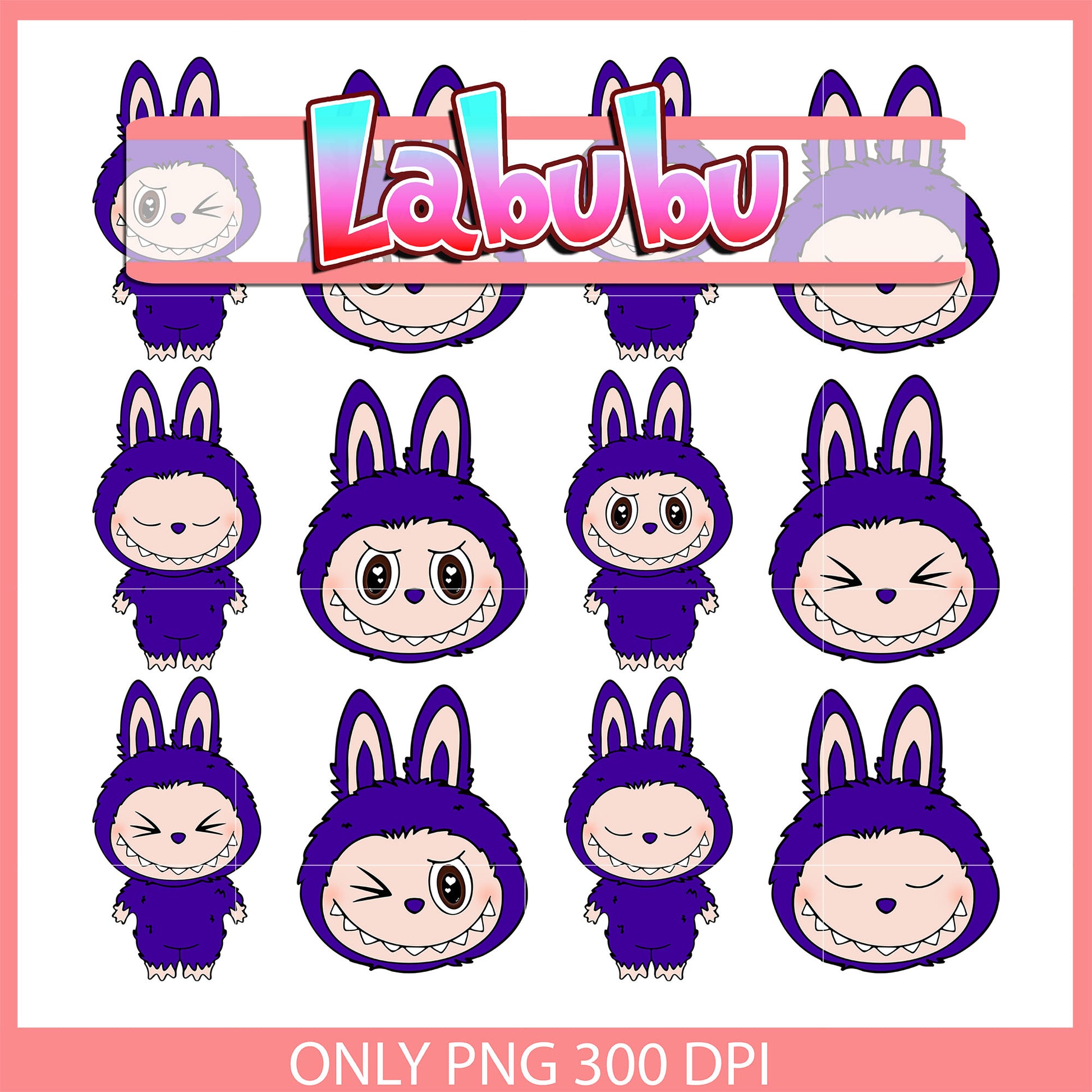 Dark purple labubu expression clipart bundle png, cute labubu png