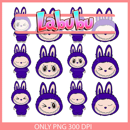 Dark purple labubu expression clipart bundle png, cute labubu png