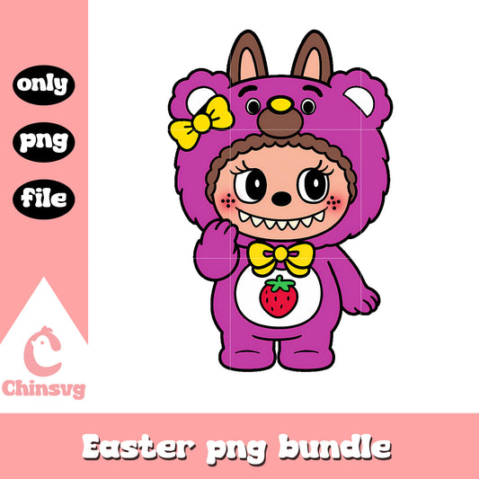 Dark purple strawberry bear labubu cute doll png, labubu color png