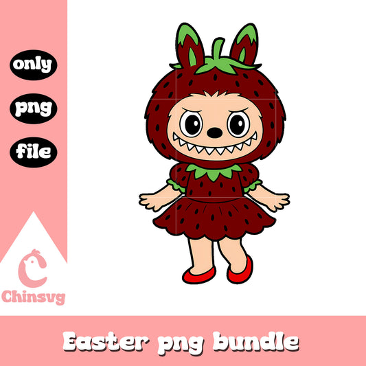 Dark red strawberry dress labubu cute doll png, labubu red color png