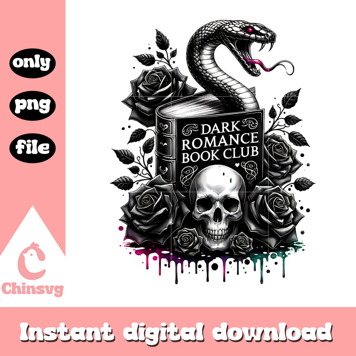 Dark romance book club png, skull with a snake​ png