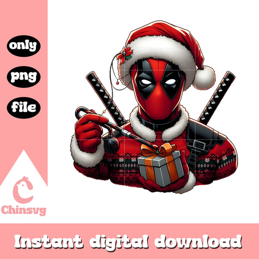 Deadpool with christmas gift box png, marvel deadpool​ png
