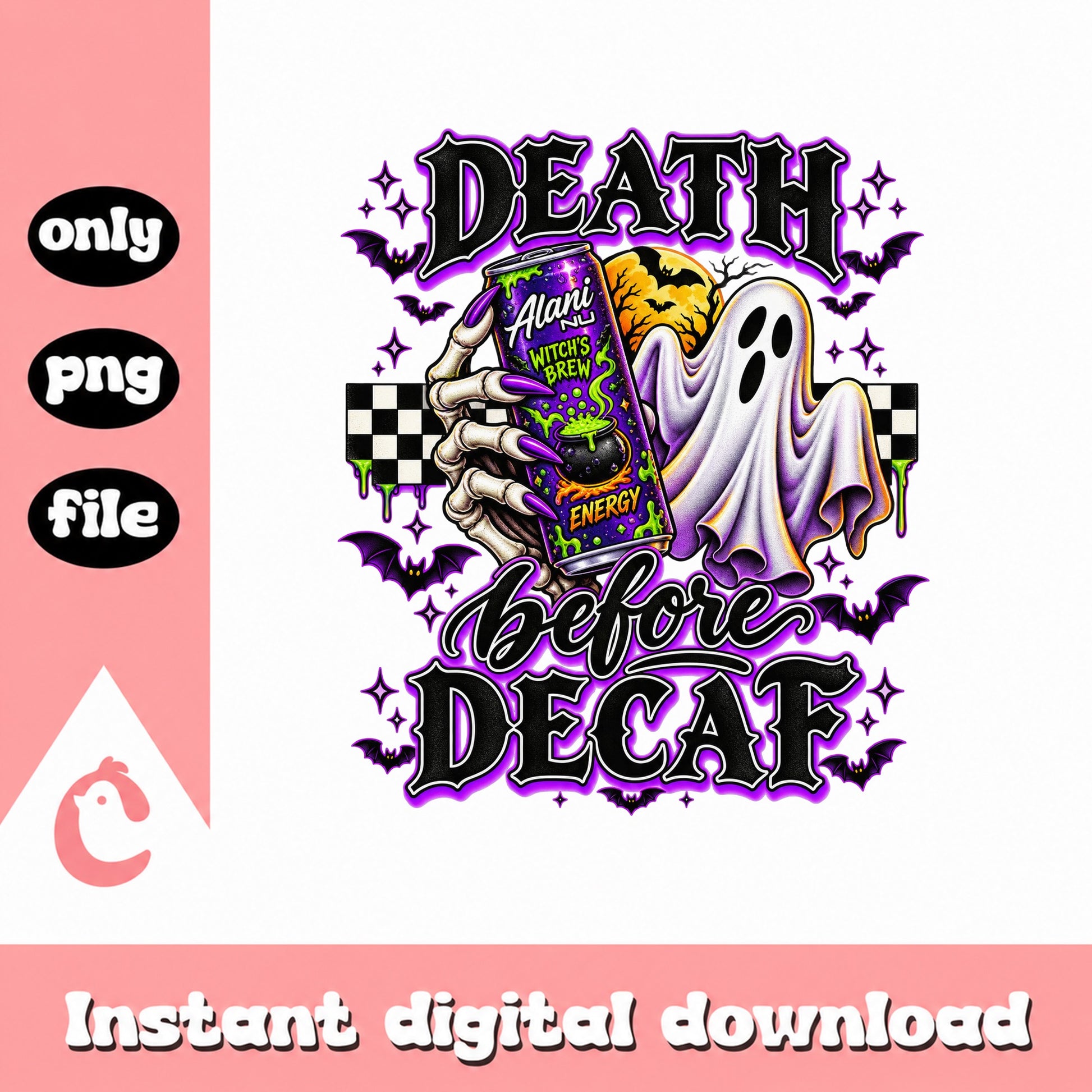 Death Before Decaf Halloween PNG, Spooky Ghost Energy Drink, PNG