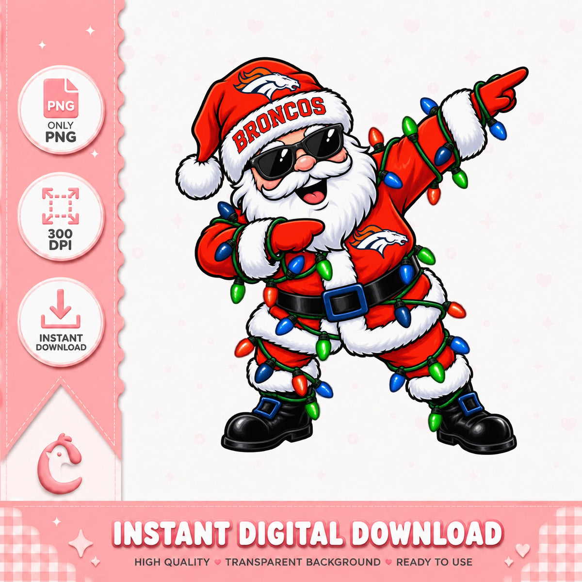 Denver Broncos Dabbing Santa, Christmas Lights, NFL Santa PNG