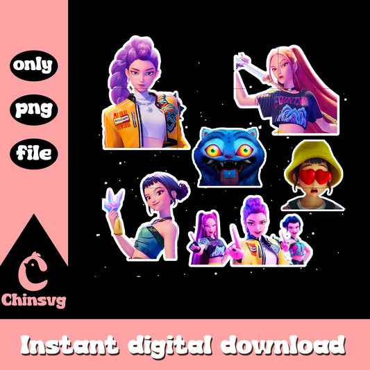Derpy and huntrix members sticker png, kpop demon hunters cast png