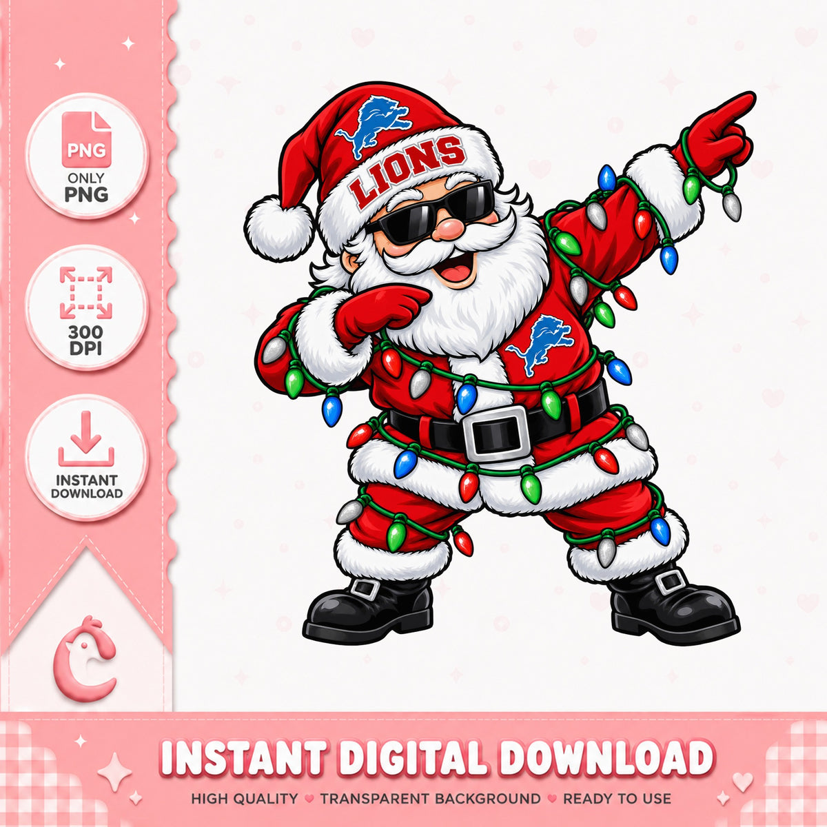 Detroit Lions Dabbing Santa Claus, Christmas Lights, NFL PNG
