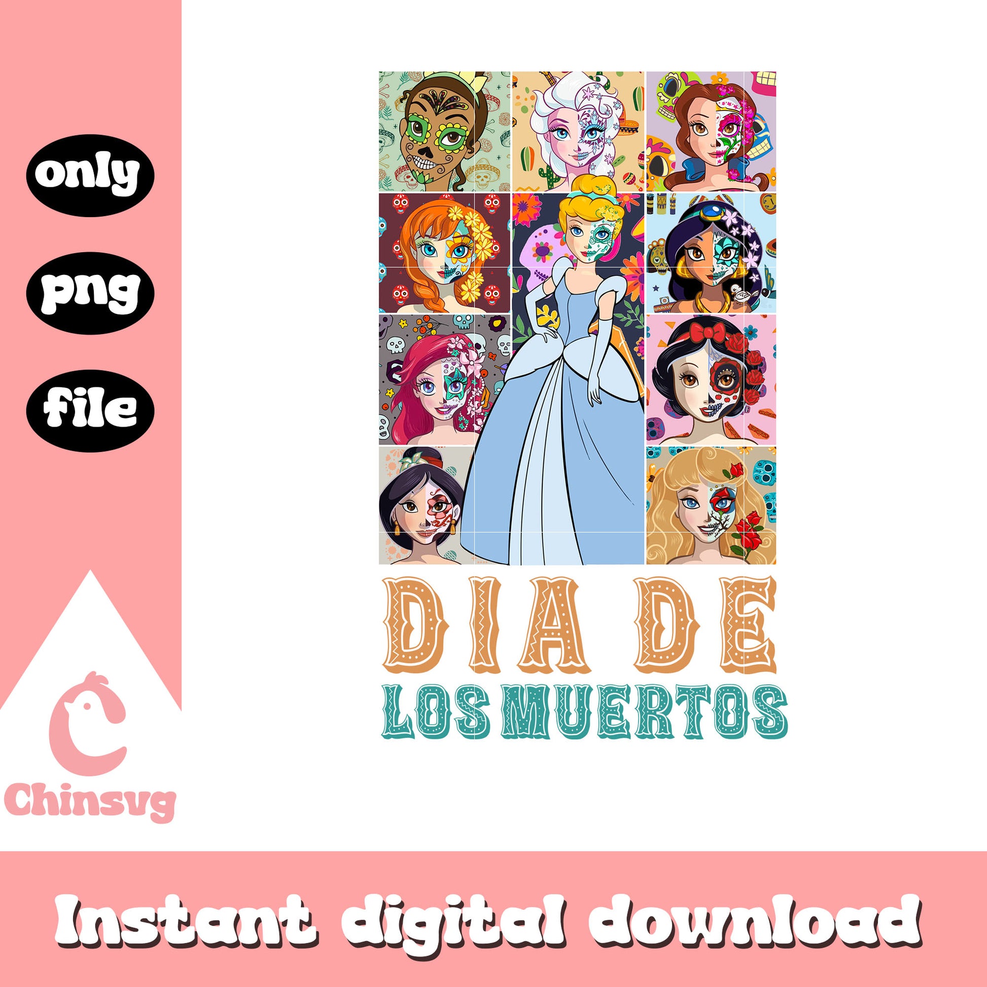 Dia de los muertos princesses floral design png, princess disney png