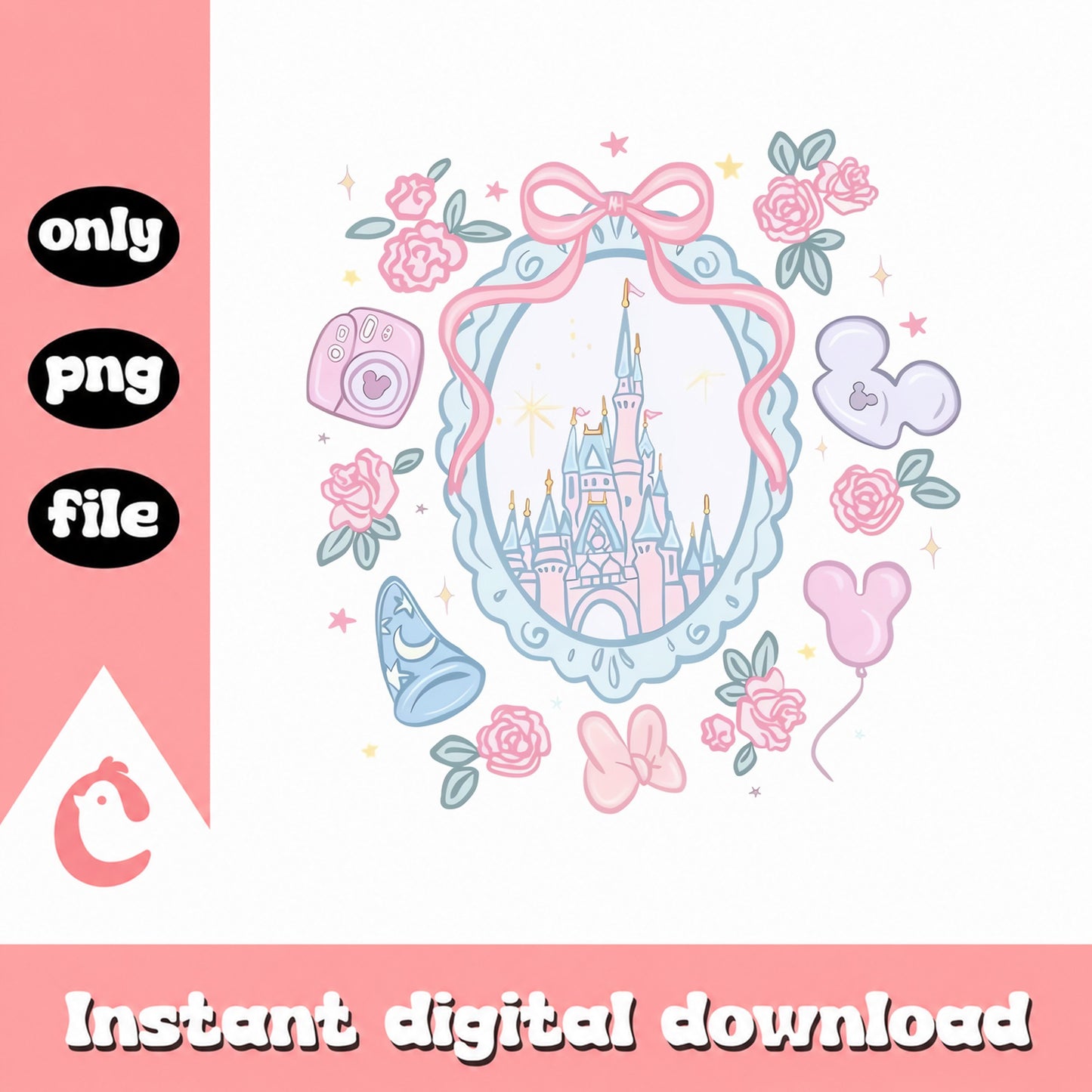 Disney Castle Floral Frame PNG, Mickey Mouse Balloon, Princess Castle PNG