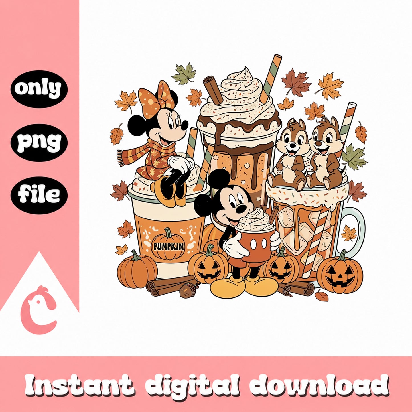 Disney Fall Pumpkin Spice PNG, Mickey Minnie Chip Dale, Halloween PNG