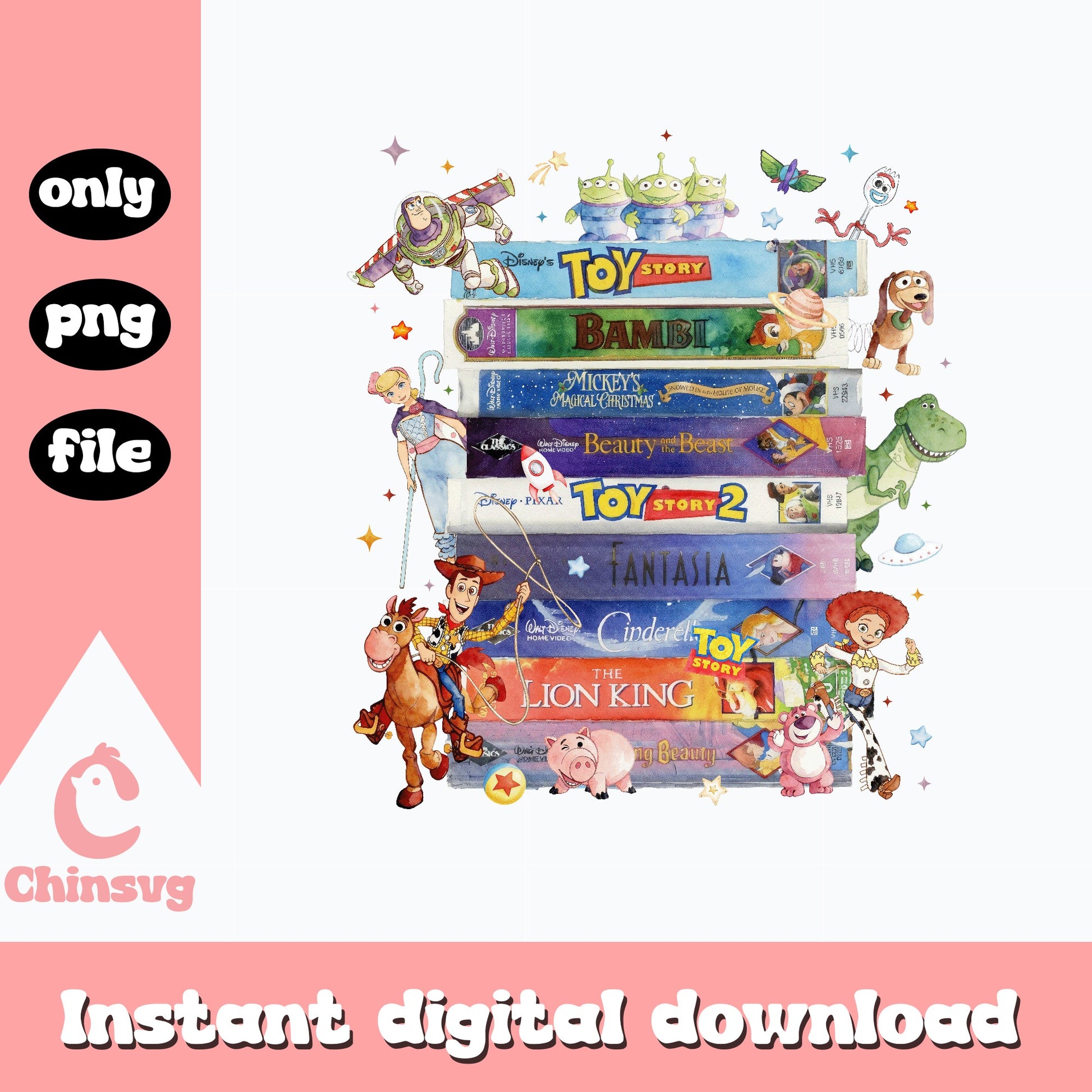 Disney VHS Tape Stack PNG, Toy Story Characters PNG, Retro Disney PNG