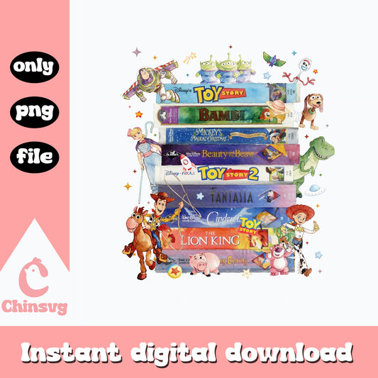 Disney VHS Tape Stack PNG, Toy Story Characters PNG, Retro Disney PNG