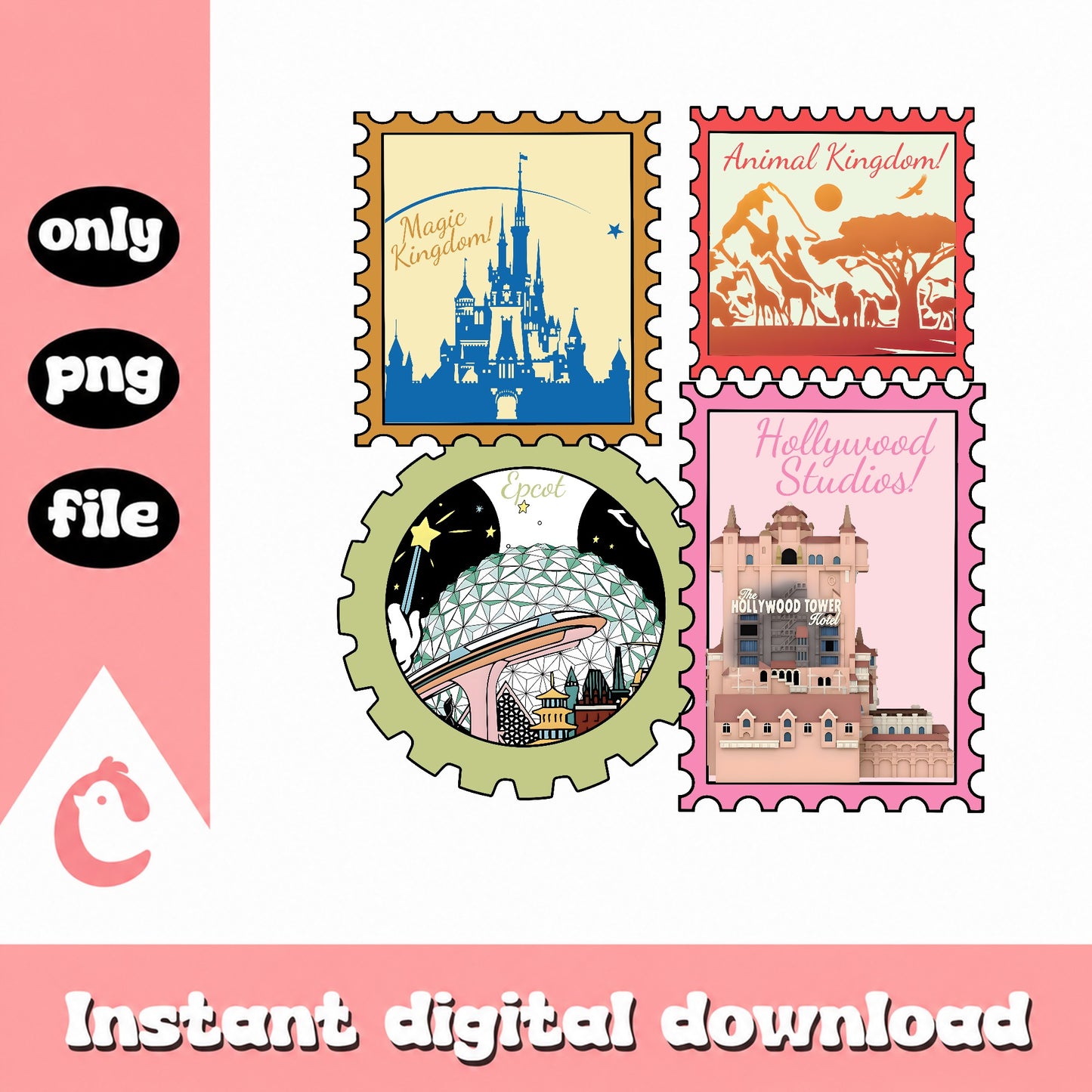 Disney World Parks Stamp PNG Bundle, Magic Kingdom PNG, Epcot PNG