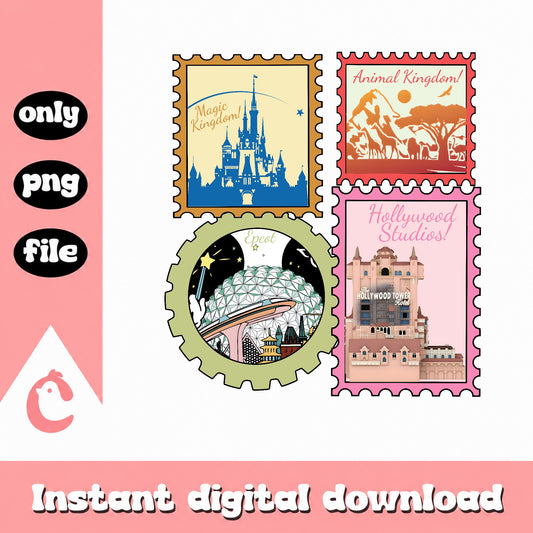 Disney World Parks Stamp PNG Bundle, Magic Kingdom PNG, Epcot PNG