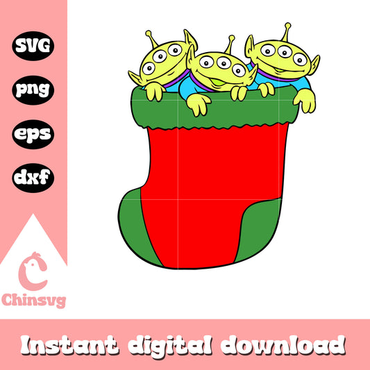 Disney aliens in christmas sock svg, toy story alien christmas​ svg