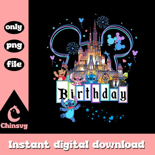 Disney castle stitch birthday png, disney happy birthday​ png