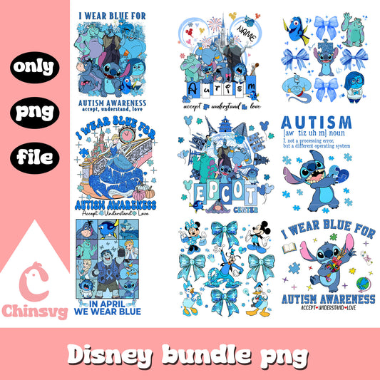 Disney characters on autism awareness day bundle png, disney png