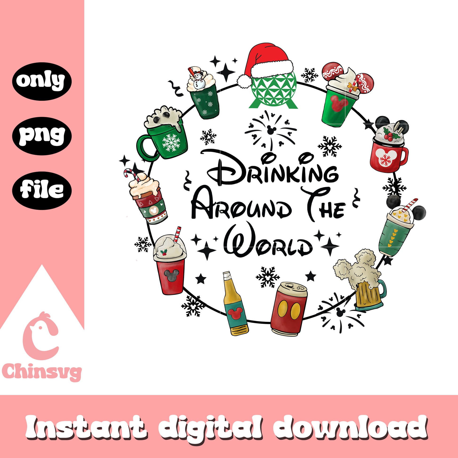 Disney drinking around the world png, christmas drinks png