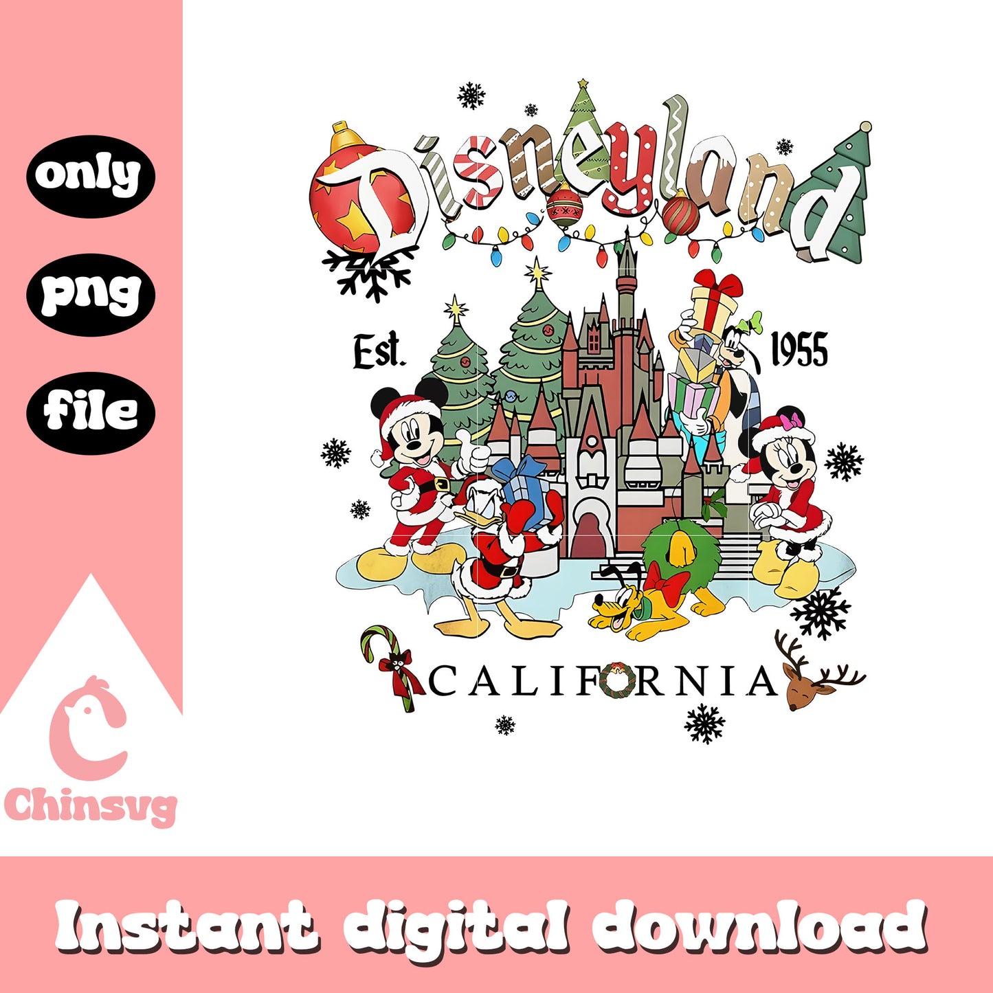 Disneyland california est 1955 xmas castle png, xmas decor png