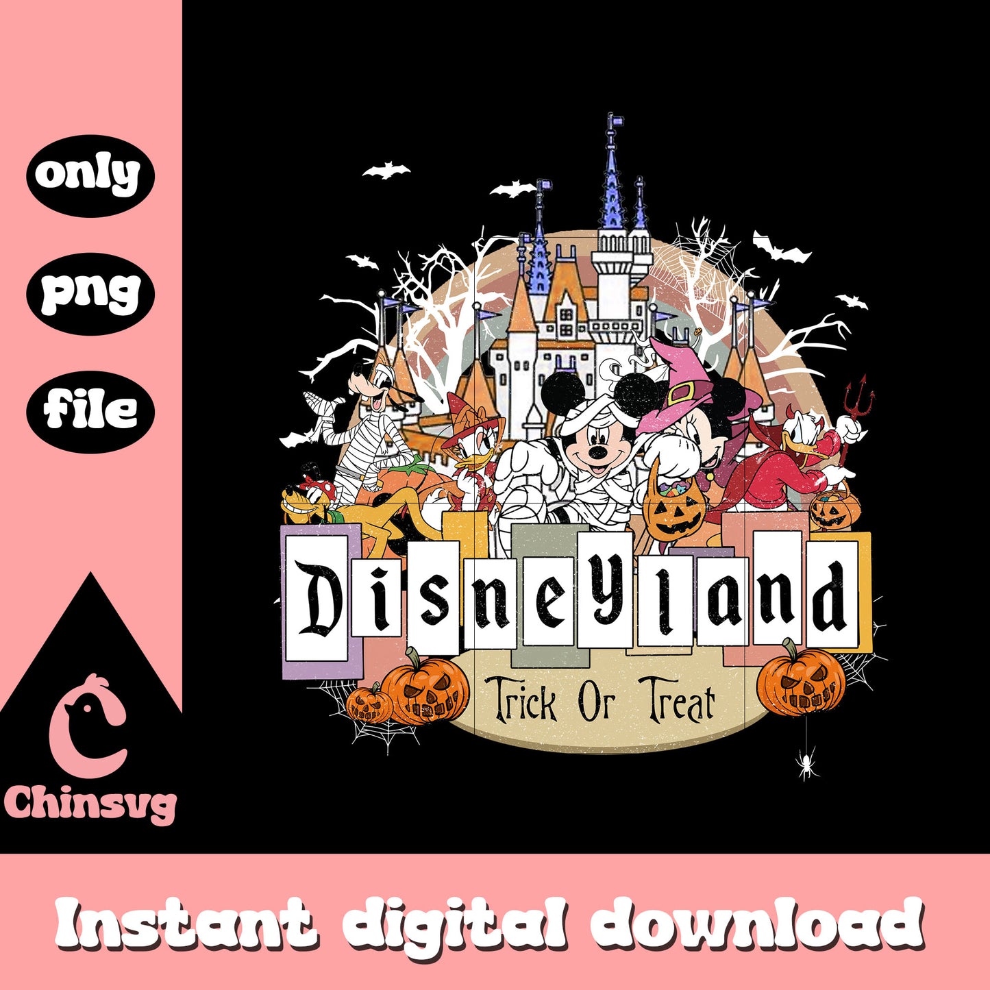 Disneyland trick or treat halloween design png, disney characters png