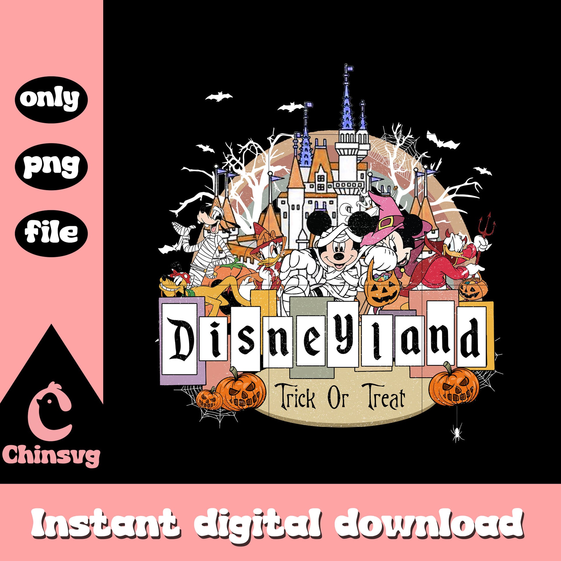 Disneyland trick or treat halloween design png, disney characters png