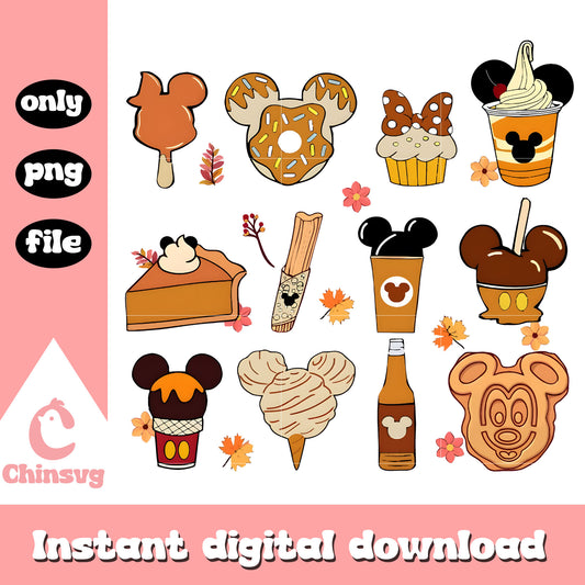 Disney mickey mouse food ice cream design png, autumn leaves png