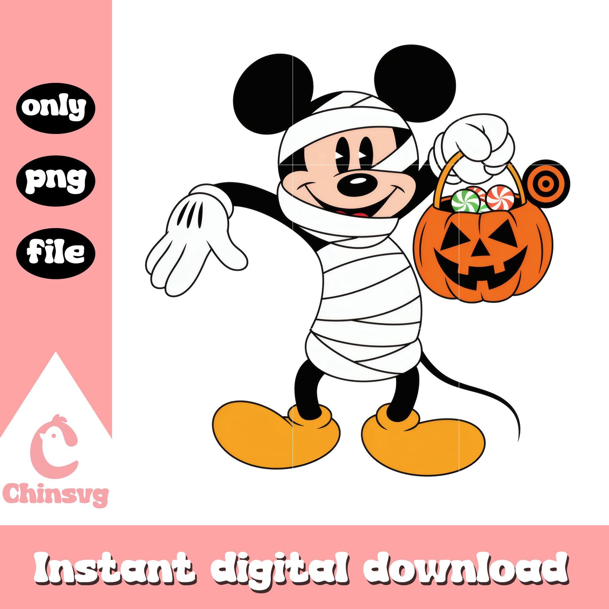 Disney mickey mummy carry pumpkin candy bag png, mickey movie png