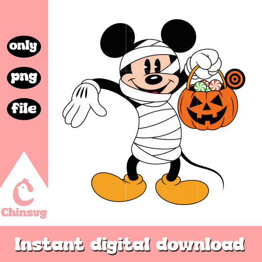 Disney mickey mummy carry pumpkin candy bag png, mickey movie png