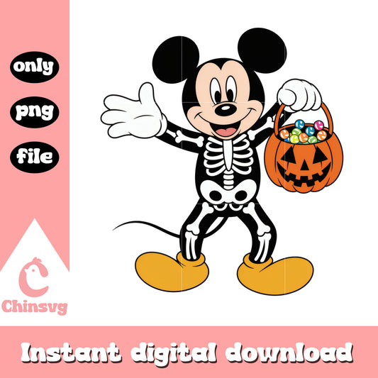 Disney mickey skeleton carry pumpkin candy bag png, mickey cartoon png