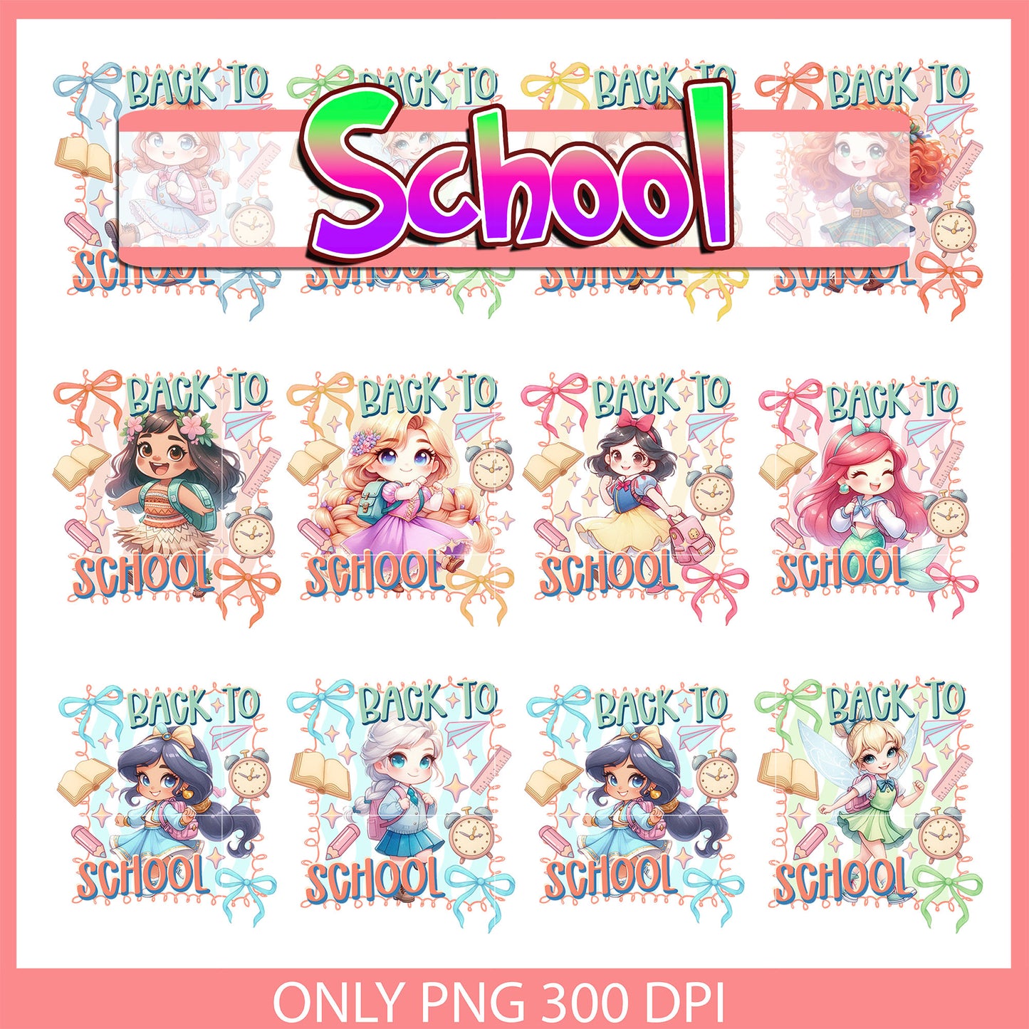 Disney princesses back to school bundle png, princess disney png