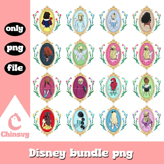 Disney princess flowers mirror design bundle png, disney princess png