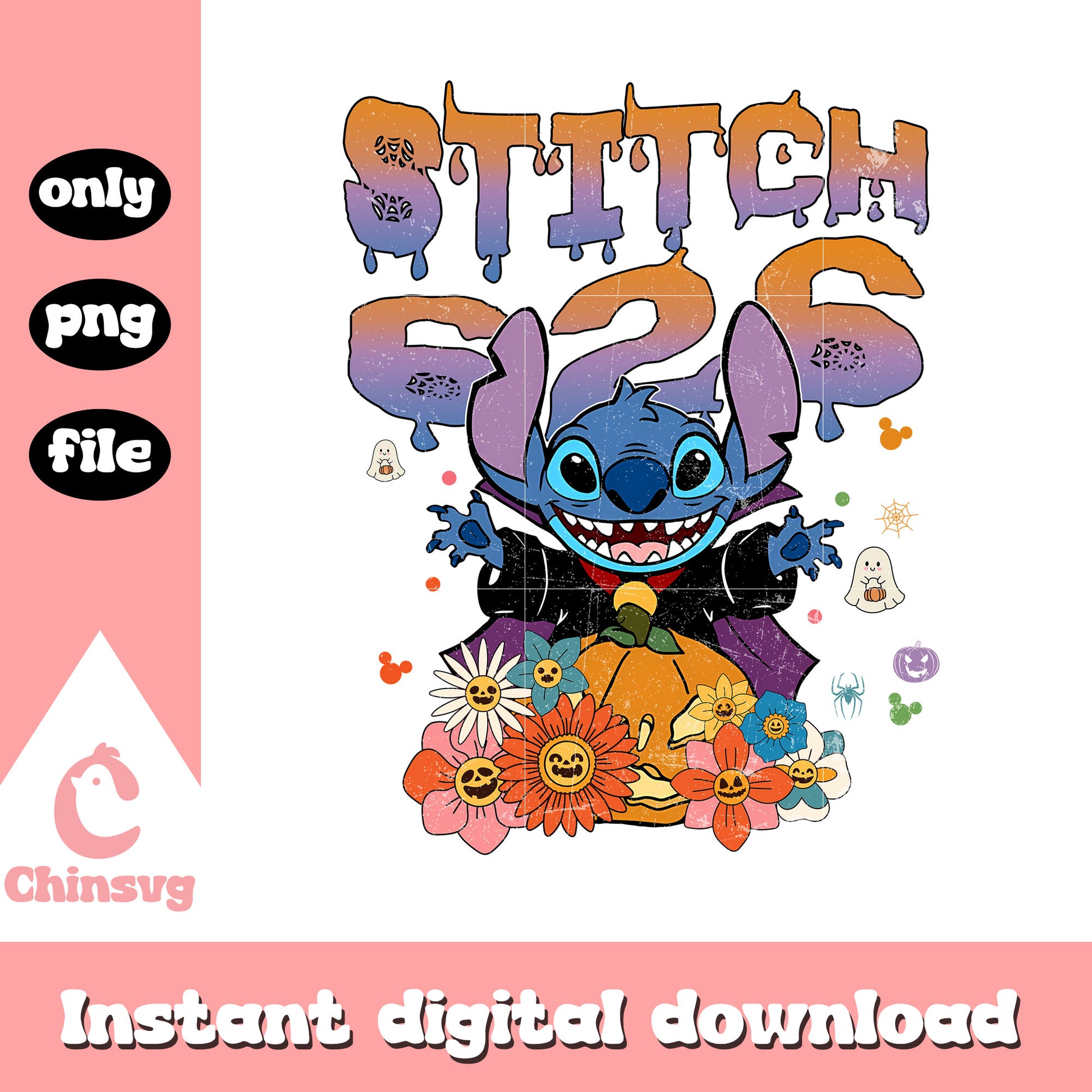 Disney stitch 626 floral design png, disney stitch lilo png