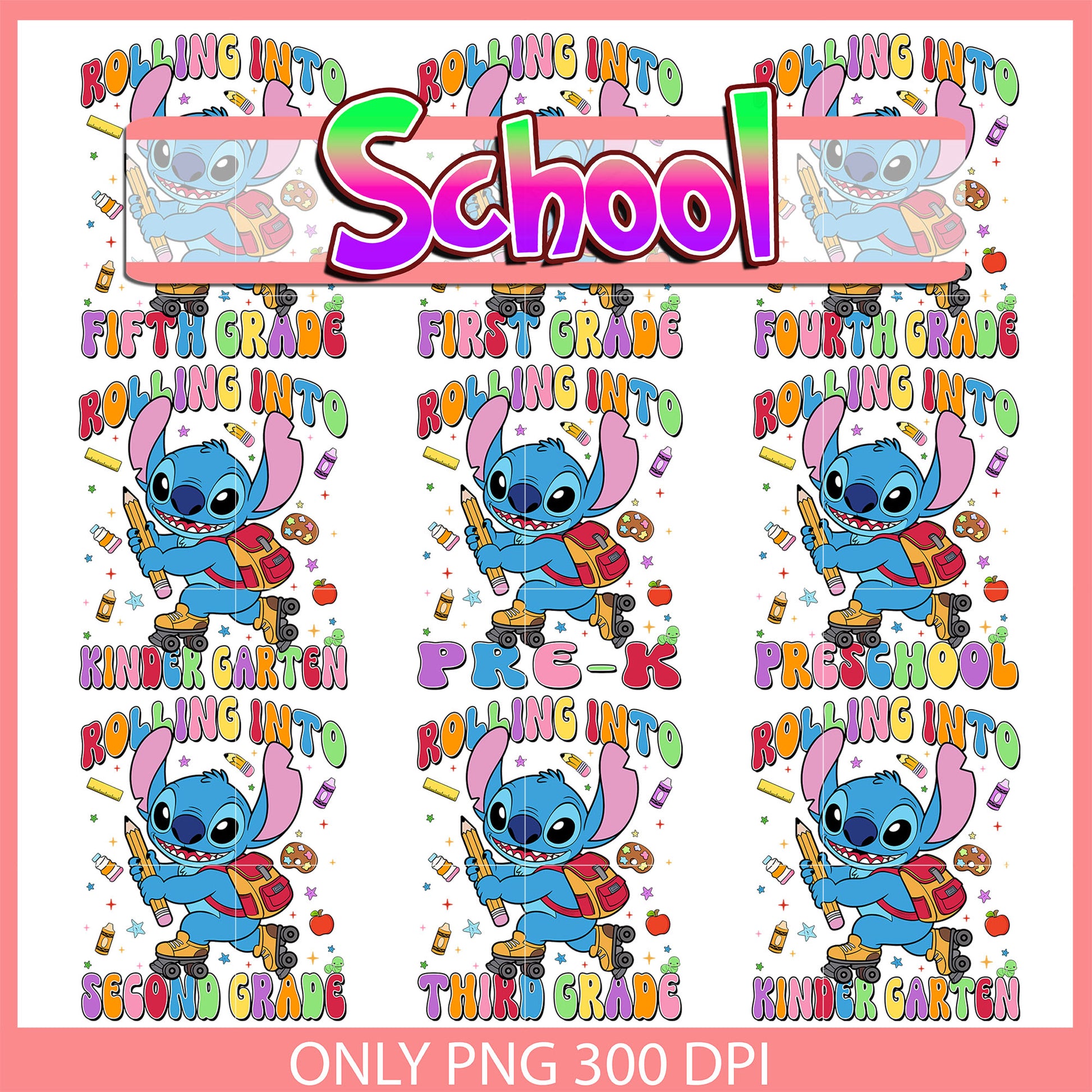 Disney stitch rolling into school clipart bundle png, stitch png