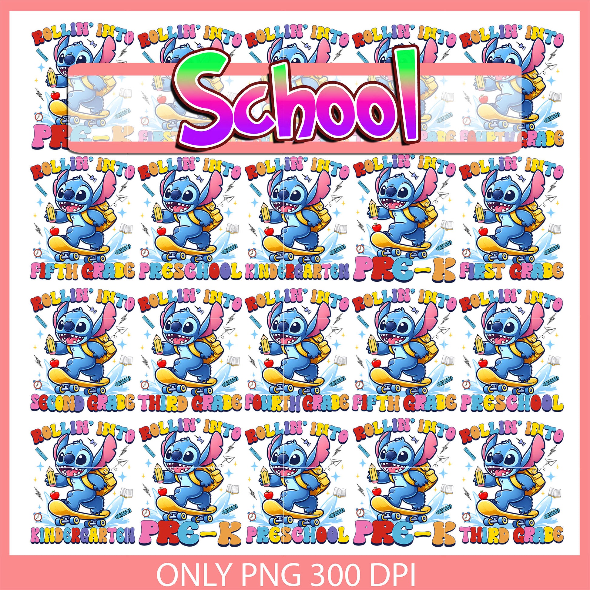 Disney stitch rollin into school bundle png, disney stitch movie png